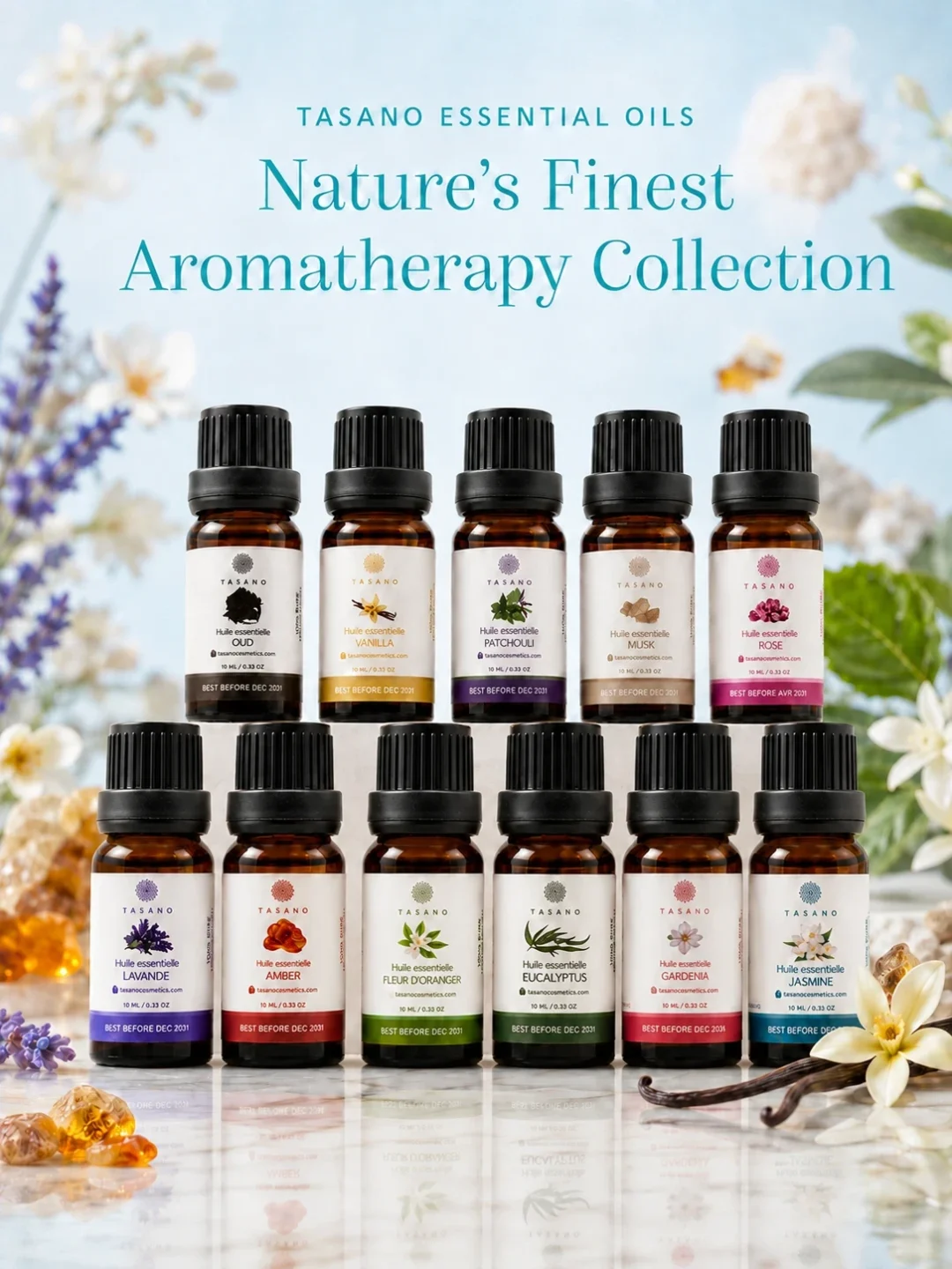 TASANO essential oils collection with 10 ml Moroccan aromatherapy bottles, botanical ingredients, amber glass, and premium diffuser oils.
