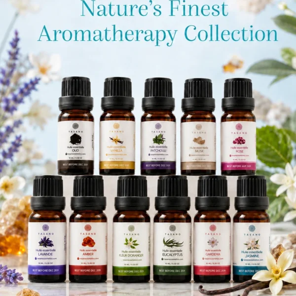 TASANO essential oils collection with 10 ml Moroccan aromatherapy bottles, botanical ingredients, amber glass, and premium diffuser oils.
