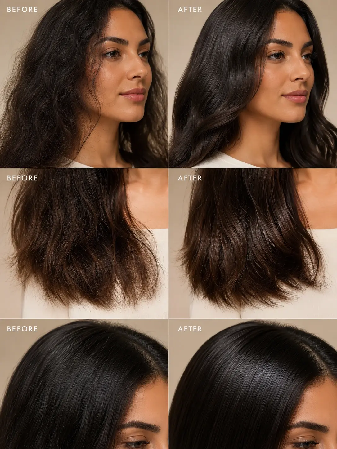 Before and after hair results showing smoother frizz and softer shine with TASANO Musk Argan Oil
