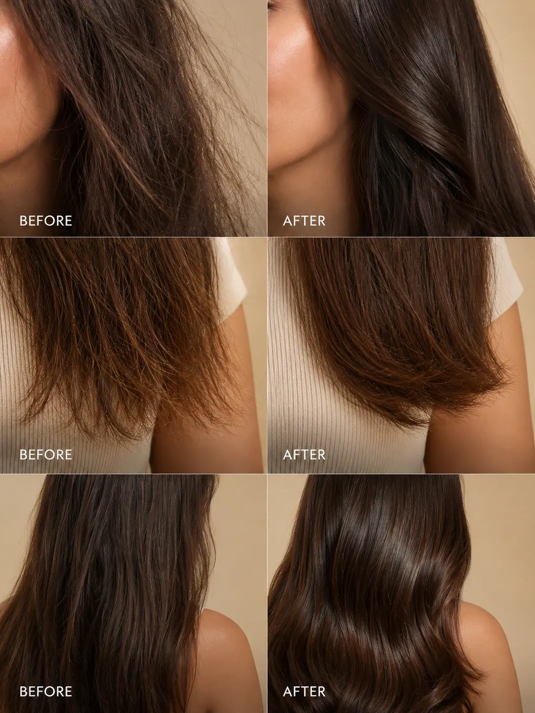 TASANO Gardenia Argan Oil before and after hair results for frizz dry ends and shine