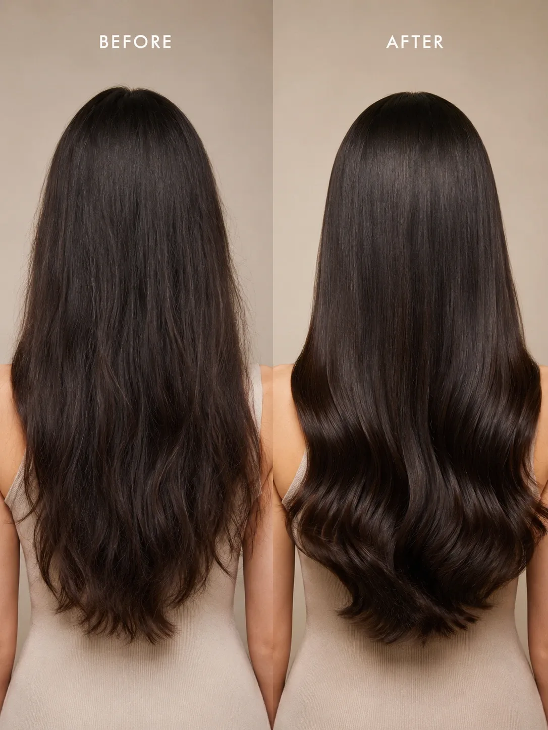 TASANO Jasmine Argan Oil before and after hair results showing smoother, shinier, less frizzy dark hair with softer ends.