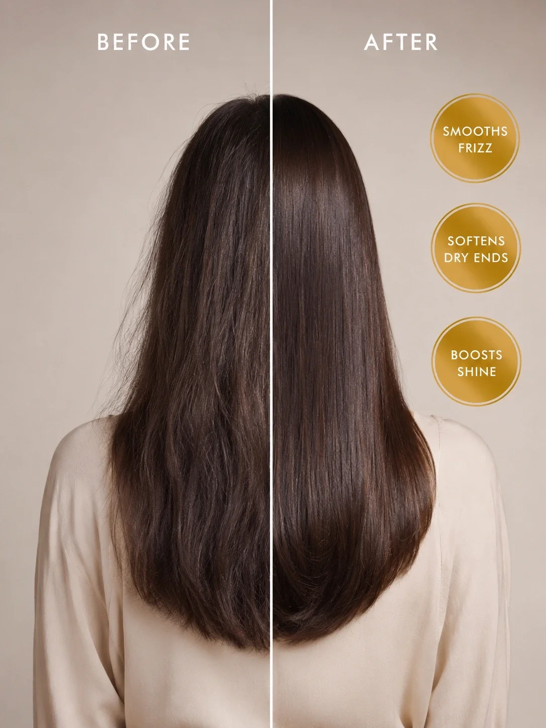Before and after hair results with TASANO Lavender Argan Oil showing smoother, shinier, less frizzy dark hair on a female model