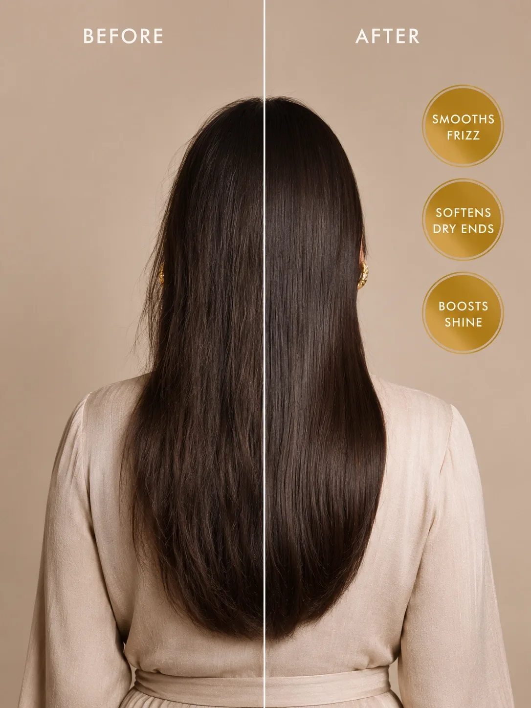 TASANO Oud Argan Oil before and after hair results showing visibly smoother, shinier, less frizzy hair with softer-looking dry ends.