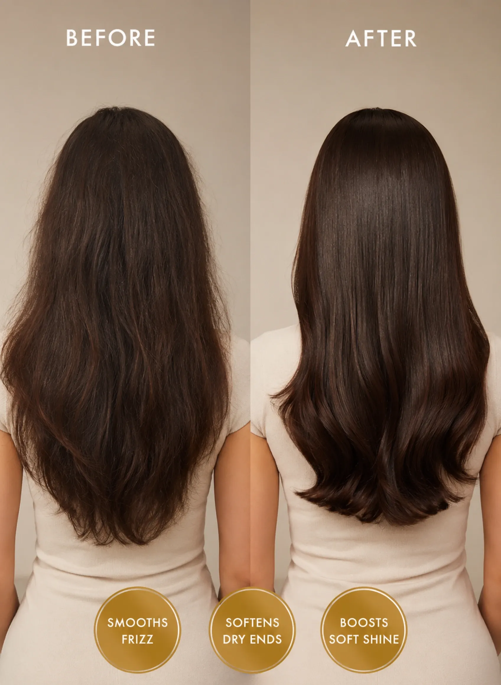 TASANO Patchouli Argan Oil before and after hair results showing visibly smoother, shinier, less frizzy hair with softer-looking dry ends.