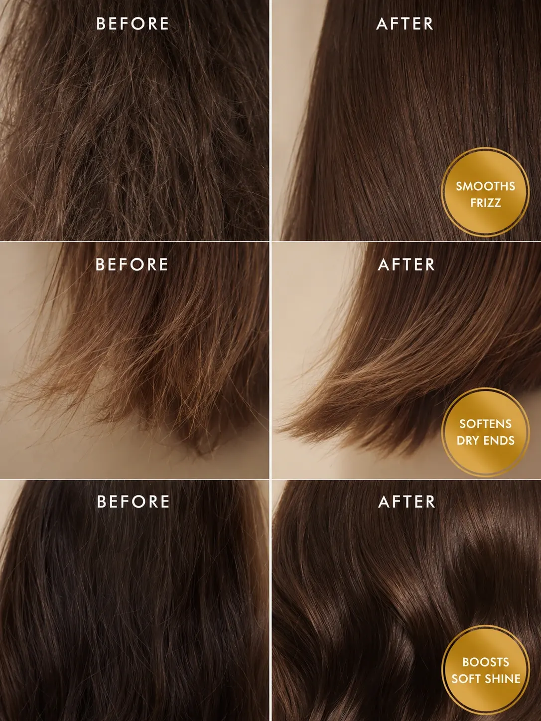 TASANO Rose Argan Oil before and after hair results for frizz dry ends and soft shine
