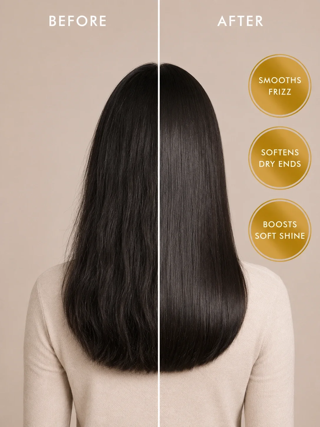 TASANO Vanilla Argan Oil before and after hair results for frizz dry ends and soft shine