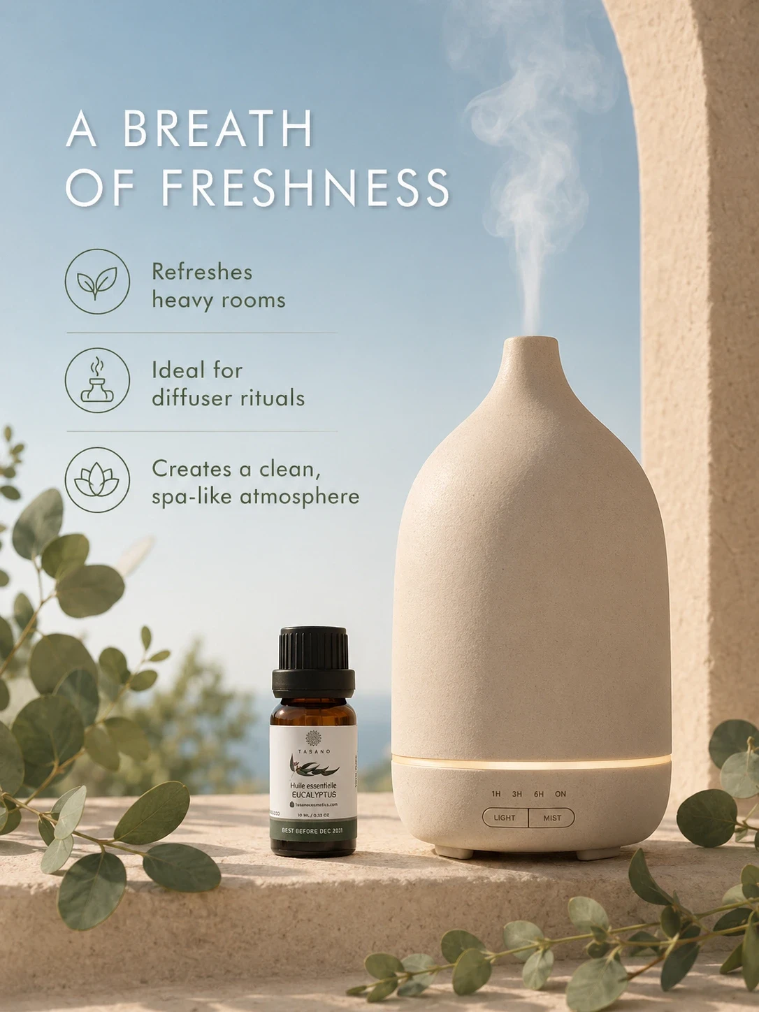 TASANO eucalyptus essential oil beside a modern diffuser, showing a fresh spa-like atmosphere for room fragrance.