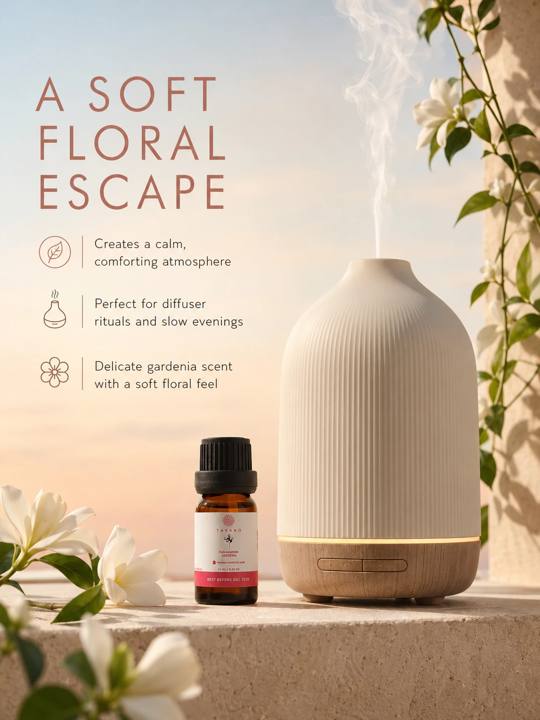 TASANO gardenia essential oil beside a modern diffuser, creating a soft floral atmosphere for home fragrance.