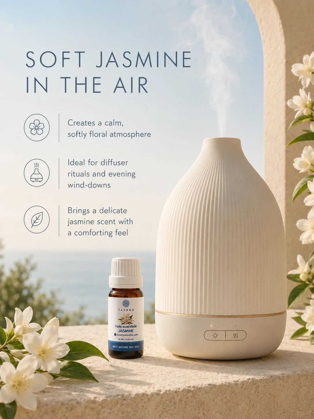 TASANO jasmine essential oil beside a modern diffuser, creating a soft floral atmosphere for diffuser rituals.