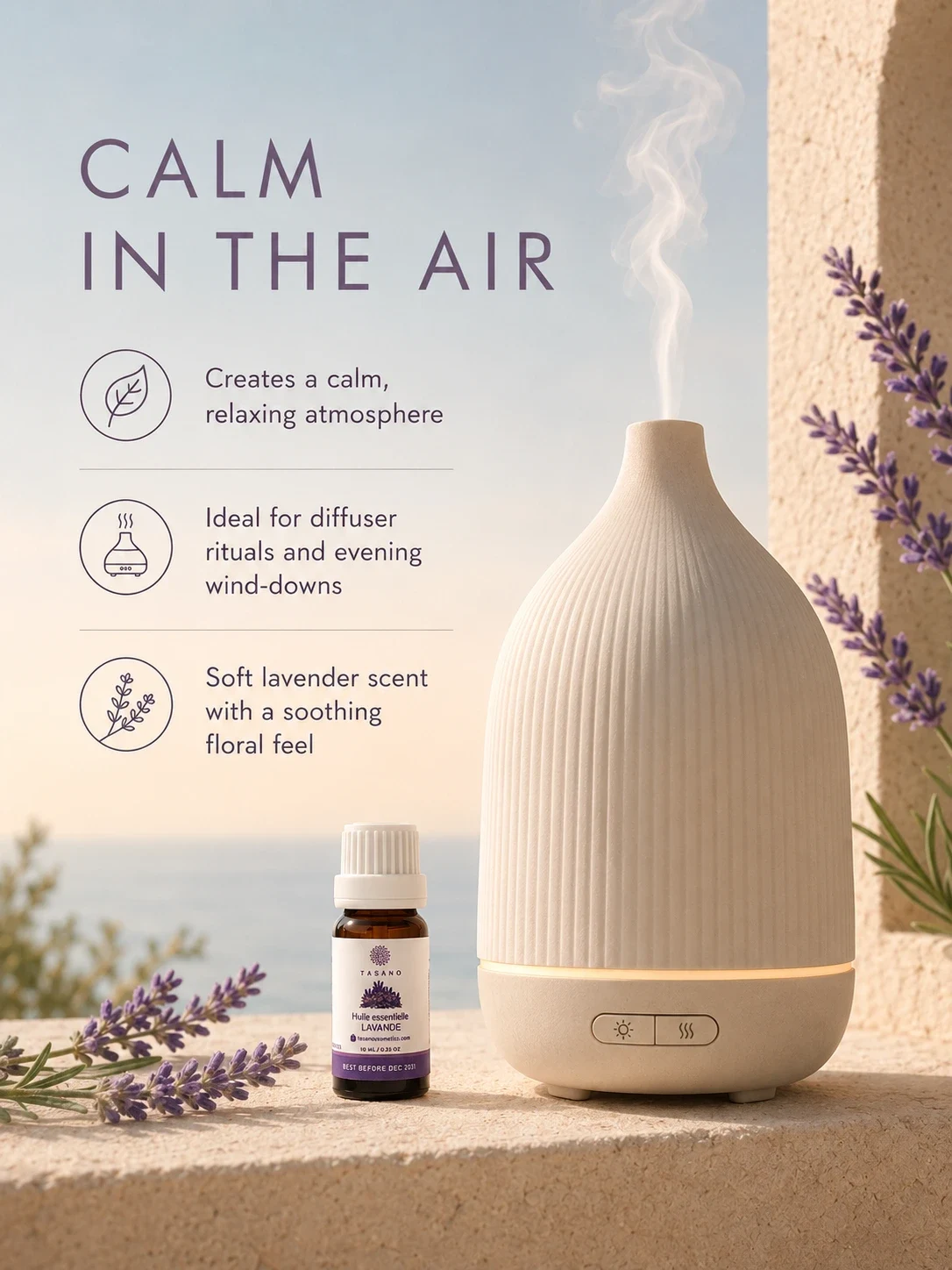 TASANO lavender essential oil beside a modern diffuser, creating a calming atmosphere for evening diffuser rituals.