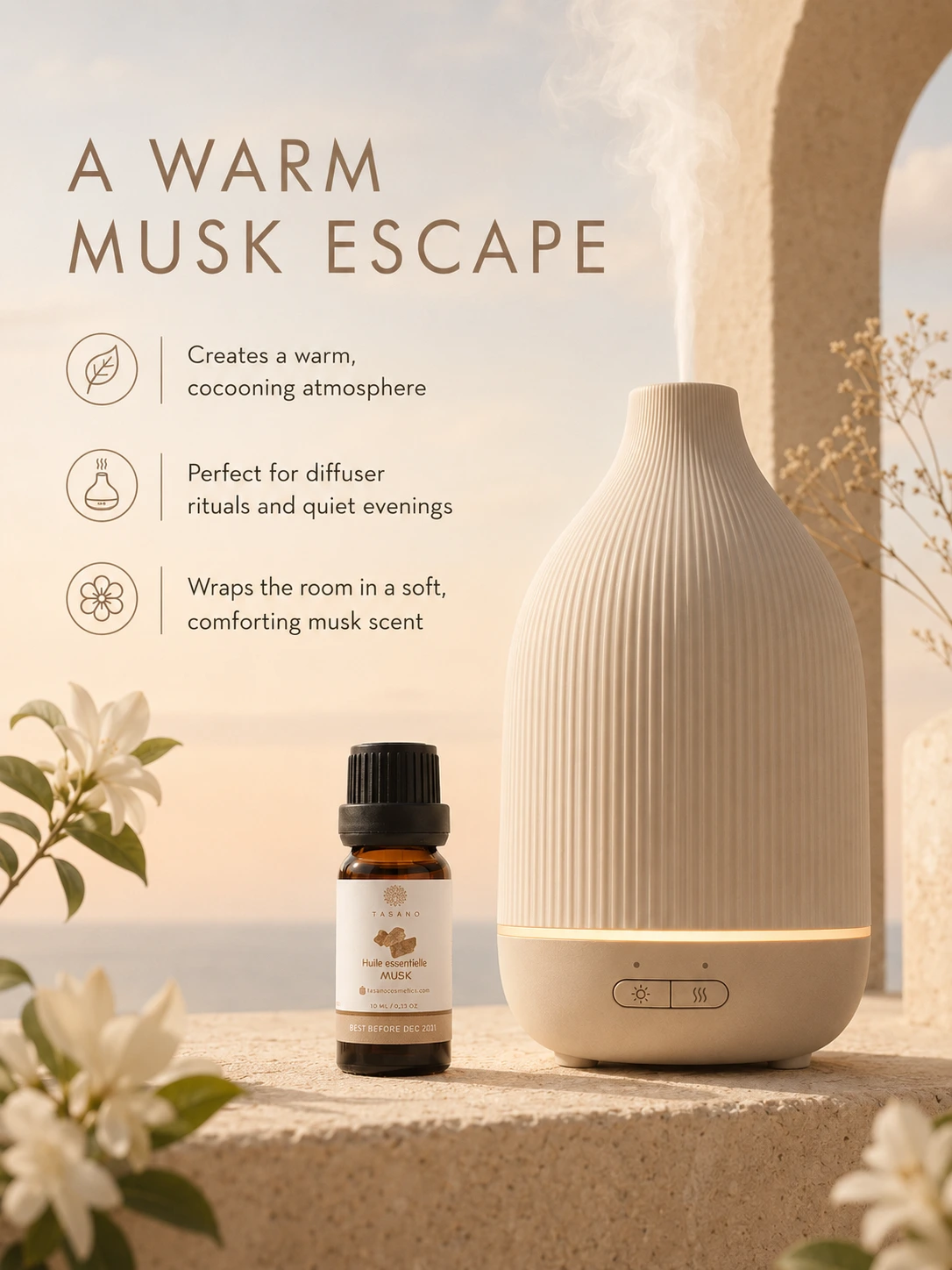 TASANO Musk essential oil beside a modern diffuser, creating a soft musky home fragrance atmosphere for diffuser rituals and relaxing evening routines.
