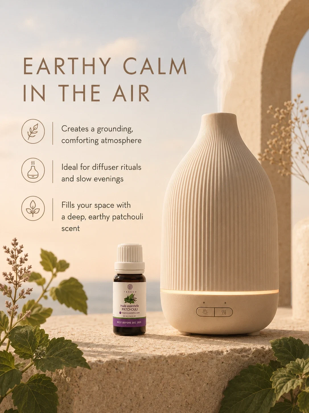 TASANO Patchouli essential oil beside a modern diffuser, creating an earthy grounding home fragrance atmosphere for calm evenings and diffuser rituals.