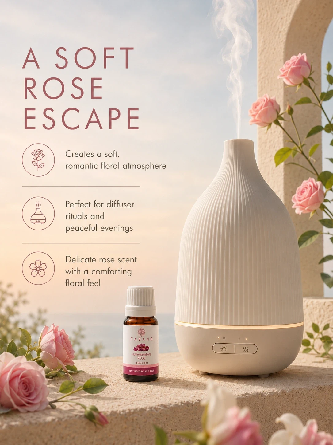 TASANO Rose essential oil beside a modern diffuser, creating a soft floral home fragrance atmosphere for romantic, relaxing and elegant diffuser rituals.