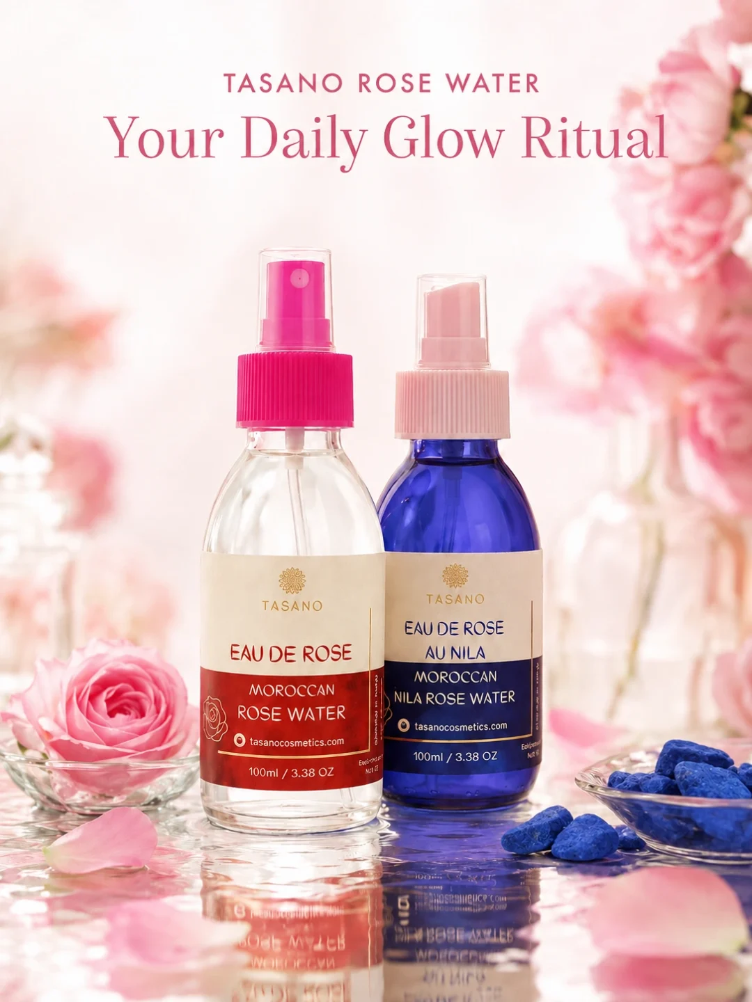 TASANO Moroccan Rose Water and Nila Rose Water skincare collection with roses and Moroccan Nila