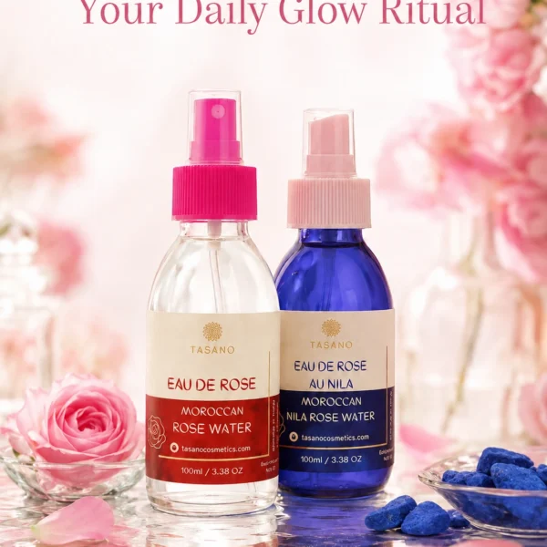 TASANO Moroccan Rose Water and Nila Rose Water skincare collection with roses and Moroccan Nila