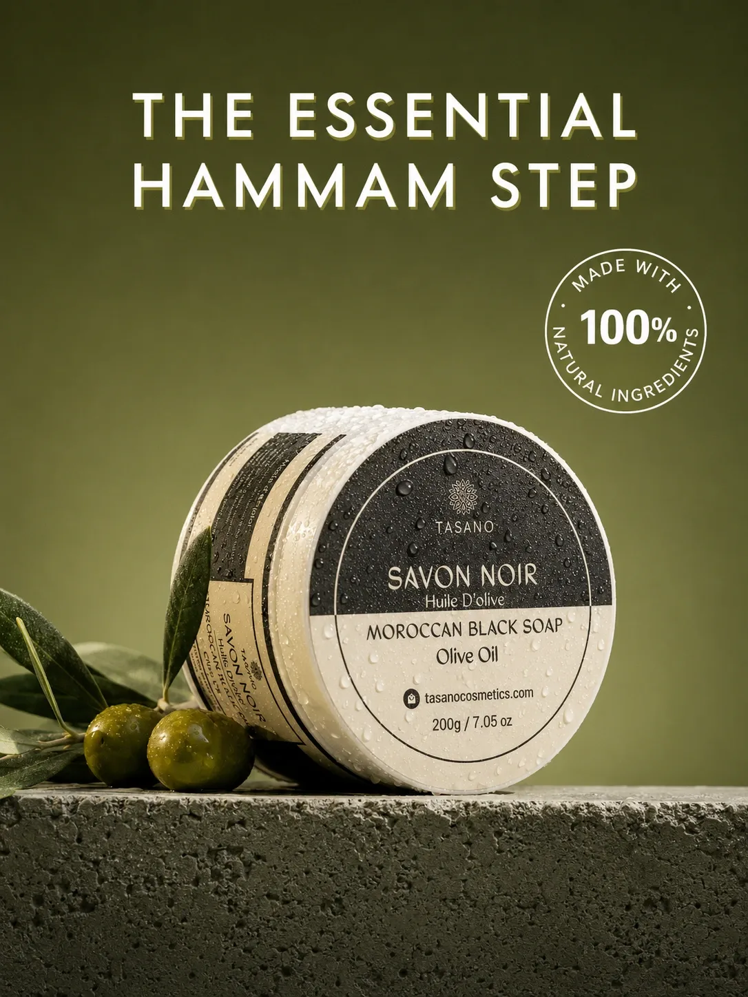 TASANO Moroccan Black Soap with olive oil for the traditional Beldi hammam ritual