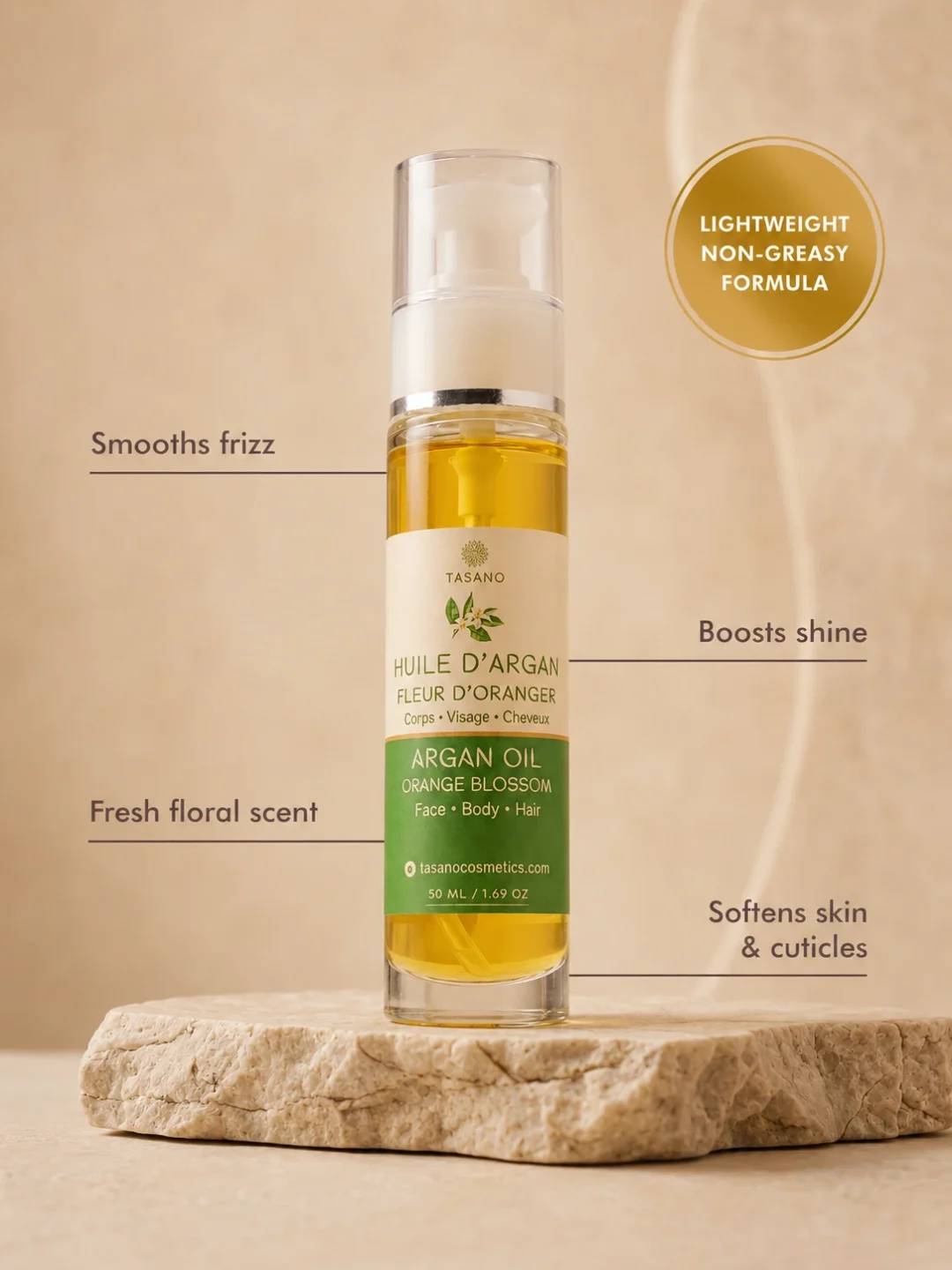 TASANO Orange Blossom Argan Oil benefits for frizz shine soft skin and cuticles