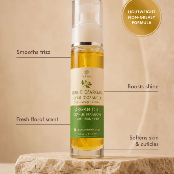 TASANO Orange Blossom Argan Oil benefits for frizz shine soft skin and cuticles