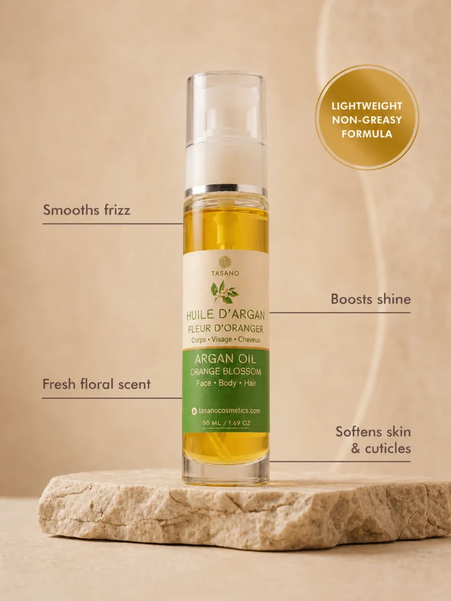 TASANO Orange Blossom Argan Oil benefits for frizz shine soft skin and cuticles