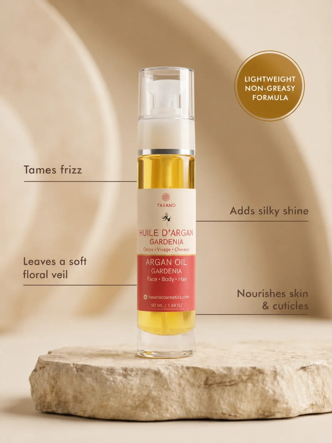 TASANO Gardenia Argan Oil benefits for smoother hair shine soft skin and floral scent