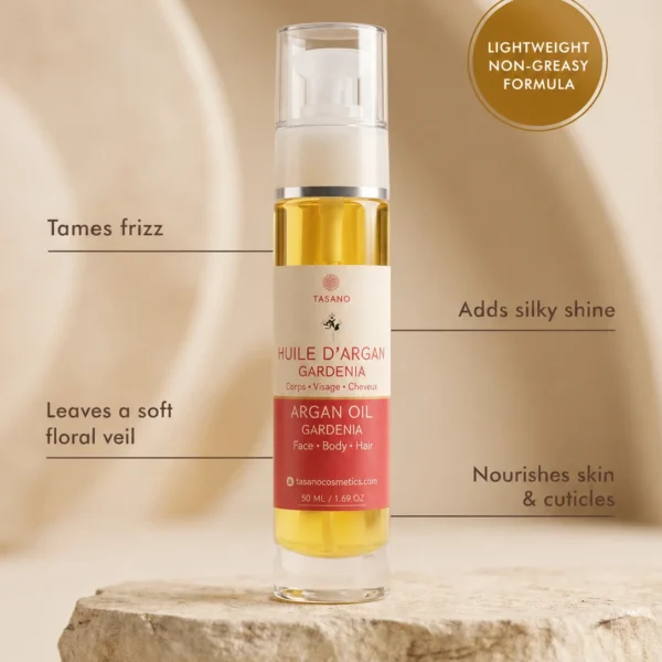 TASANO Gardenia Argan Oil benefits for smoother hair shine soft skin and floral scent
