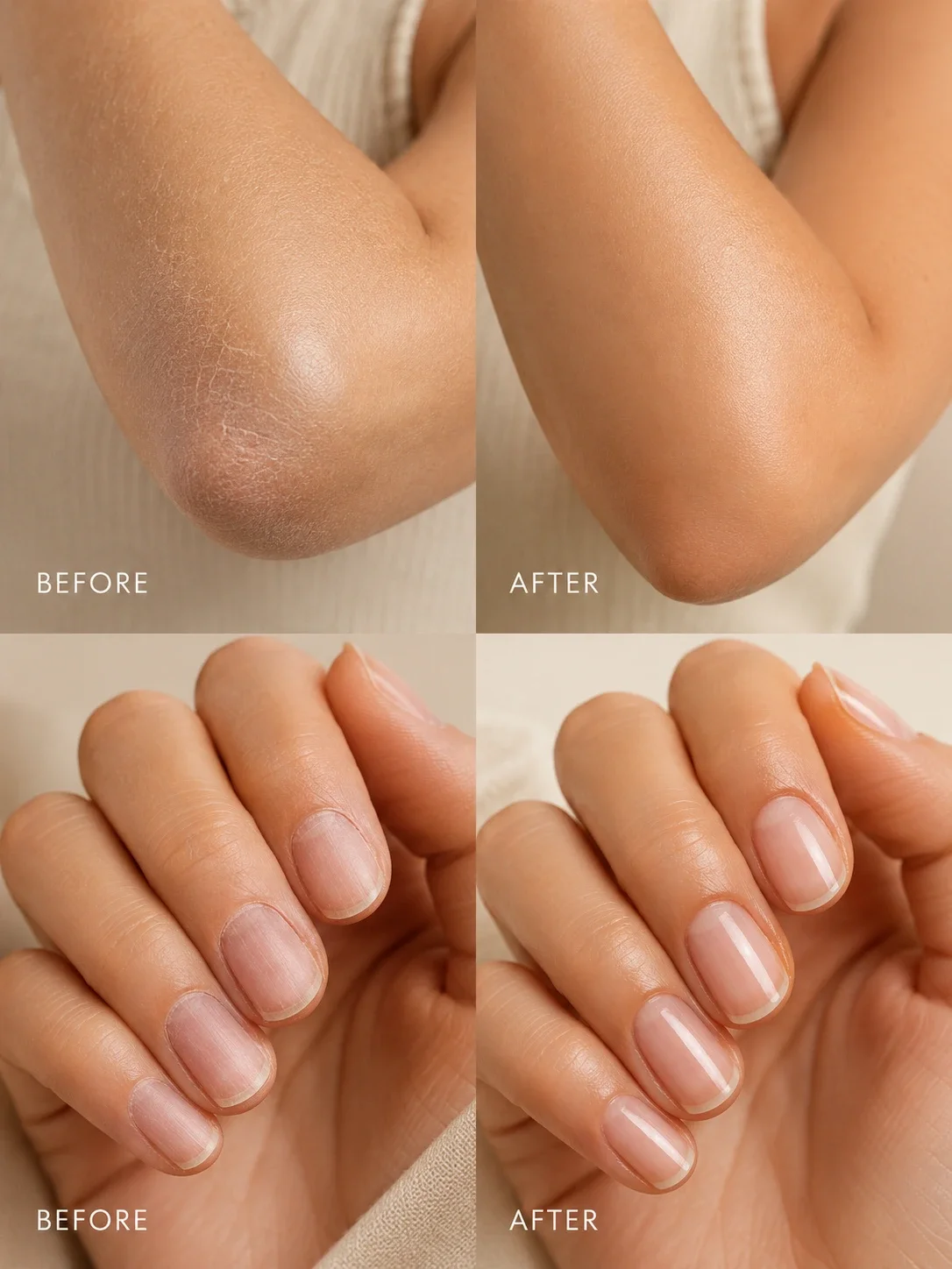TASANO Jasmine Argan Oil before and after body, nails and cuticles results showing softer skin and healthier-looking nails and cuticles.
