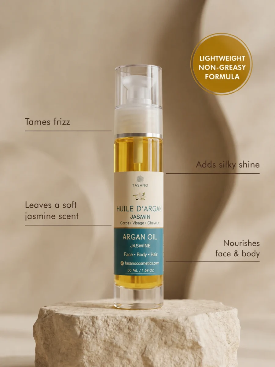 TASANO Jasmine Argan Oil benefits for smoother hair shine soft skin and a delicate floral scent