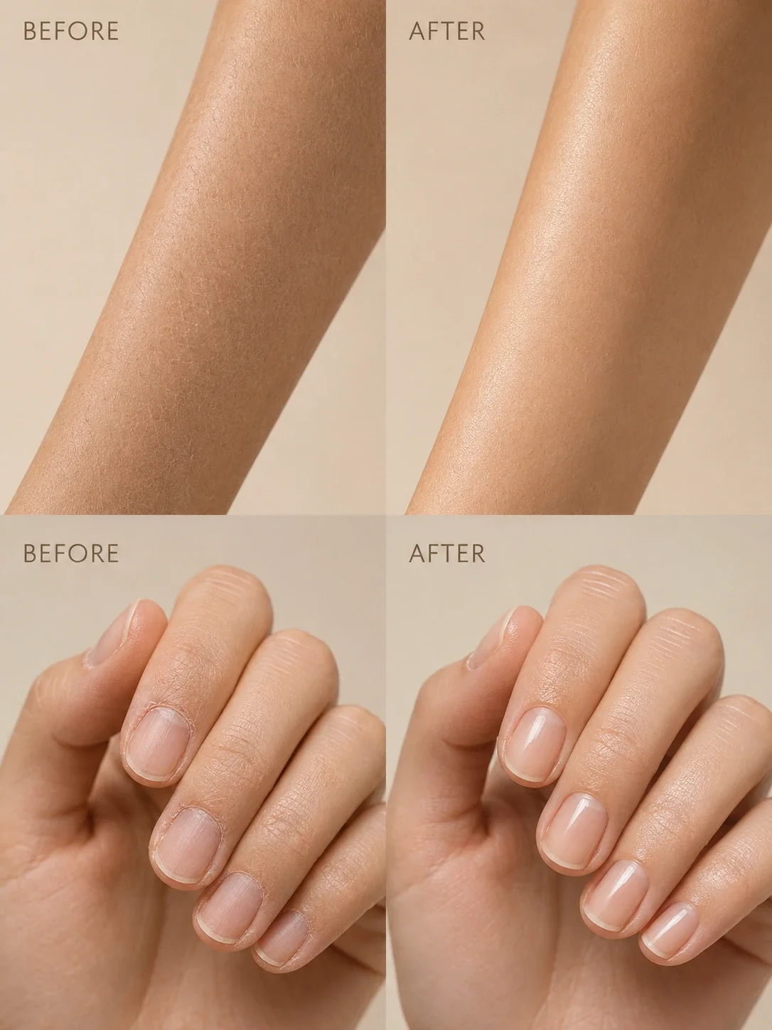Before and after skin, nails and cuticles results with TASANO Lavender Argan Oil showing softer skin and healthier-looking nails