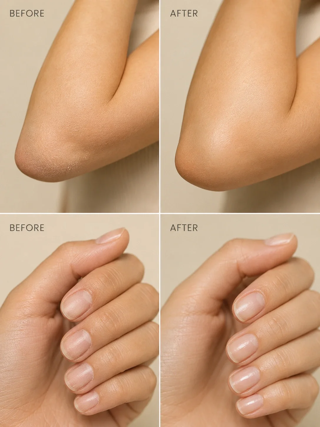 TASANO Oud Argan Oil before and after body, nails and cuticles results showing softer skin and healthier-looking hands and cuticles.