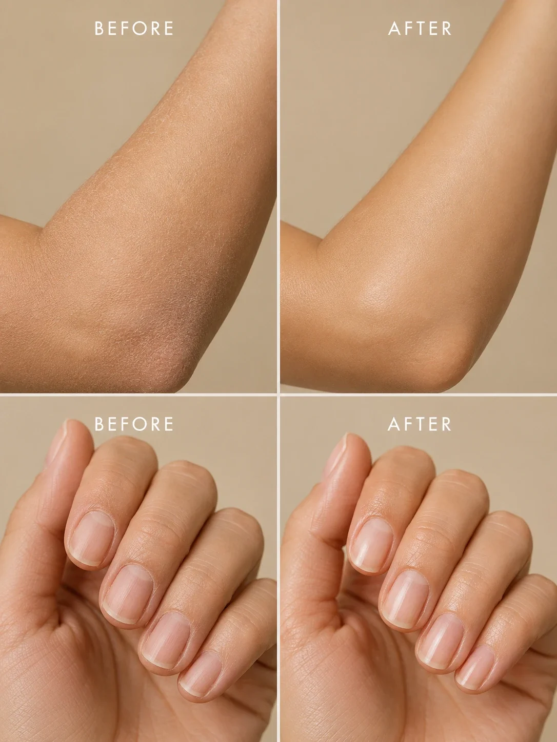 TASANO Patchouli Argan Oil before and after body, nails and cuticles results showing softer skin and healthier-looking hands and cuticles.