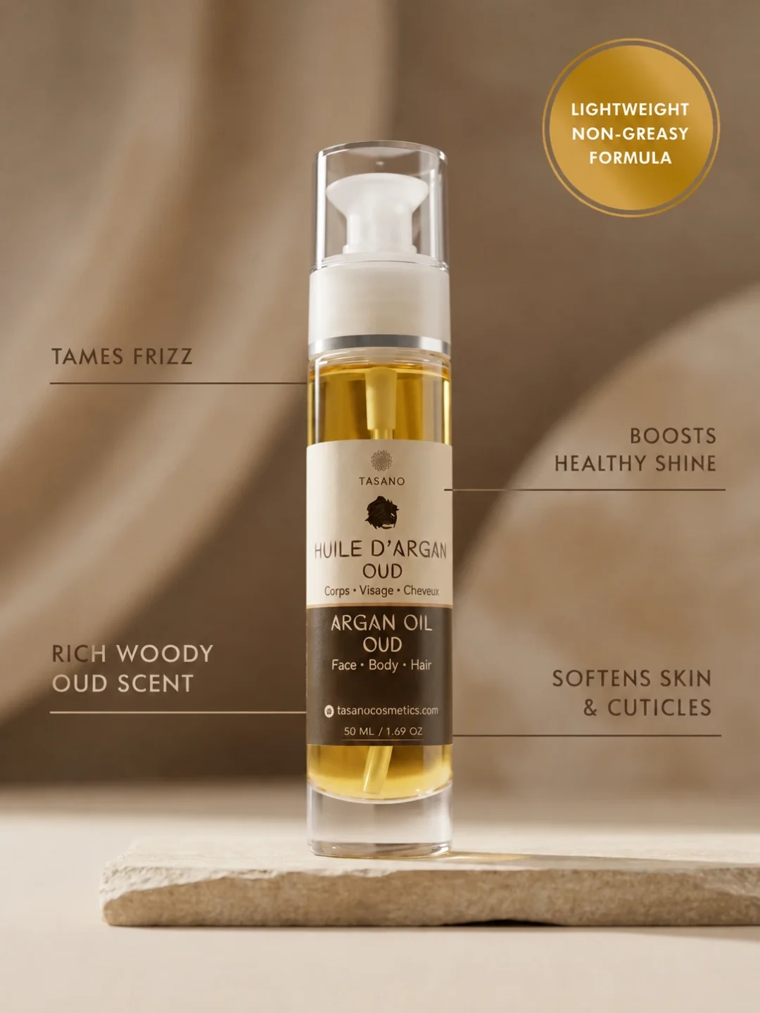 TASANO Oud Argan Oil benefits for frizz shine woody scent and soft cuticles