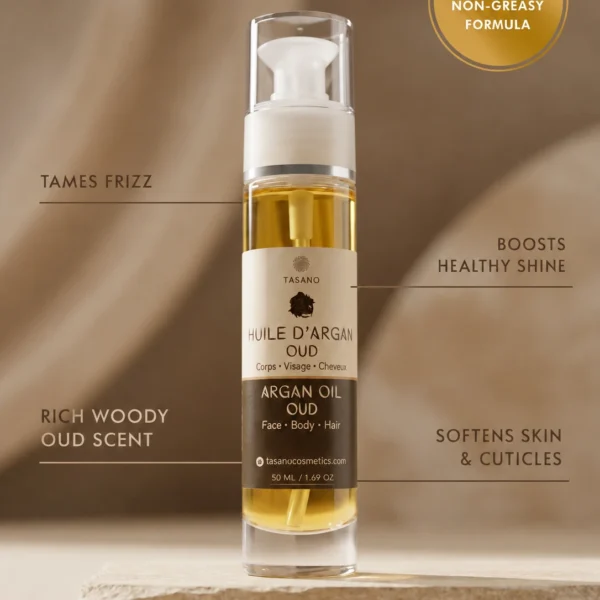 TASANO Oud Argan Oil benefits for frizz shine woody scent and soft cuticles