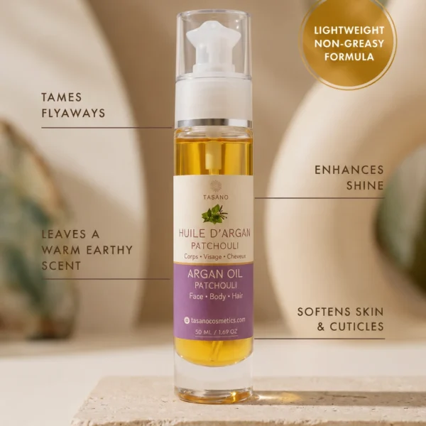 TASANO Patchouli Argan Oil benefits for flyaways shine warm earthy scent and cuticles TASANO Patchouli Argan Oil benefits for flyaways shine warm earthy scent and cuticles