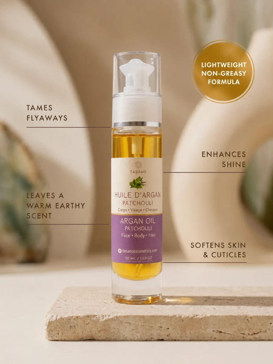 TASANO Patchouli Argan Oil benefits for flyaways shine warm earthy scent and cuticles