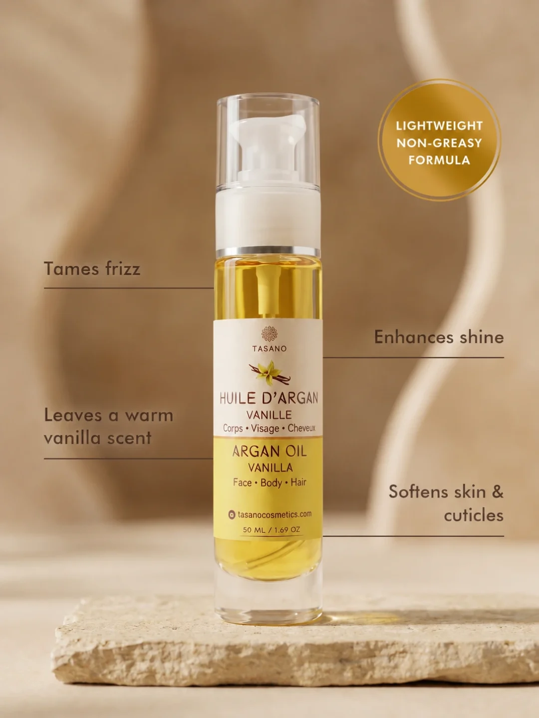 TASANO Vanilla Argan Oil benefits for frizz shine warm vanilla scent and soft cuticles