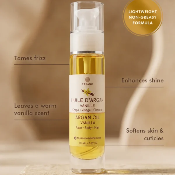 TASANO Vanilla Argan Oil benefits for frizz shine warm vanilla scent and soft cuticles