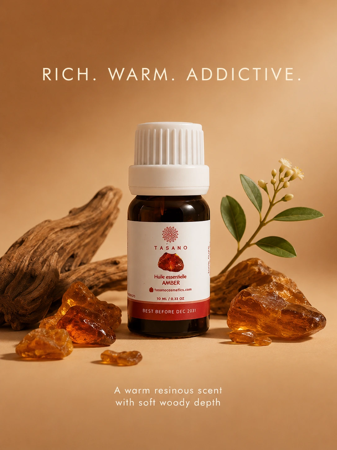 TASANO amber essential oil bottle surrounded by amber resin-inspired elements in a warm oriental scent profile.