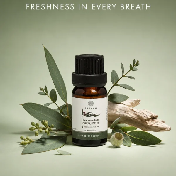 TASANO eucalyptus essential oil bottle surrounded by eucalyptus leaves in a clean fresh scent profile visual. TASANO eucalyptus essential oil bottle surrounded by eucalyptus leaves in a clean fresh scent profile visual.