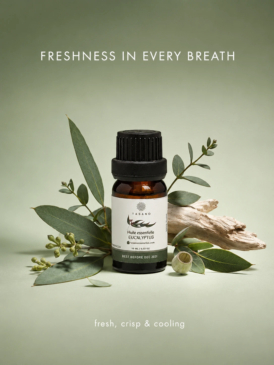 TASANO eucalyptus essential oil bottle surrounded by eucalyptus leaves in a clean fresh scent profile visual.