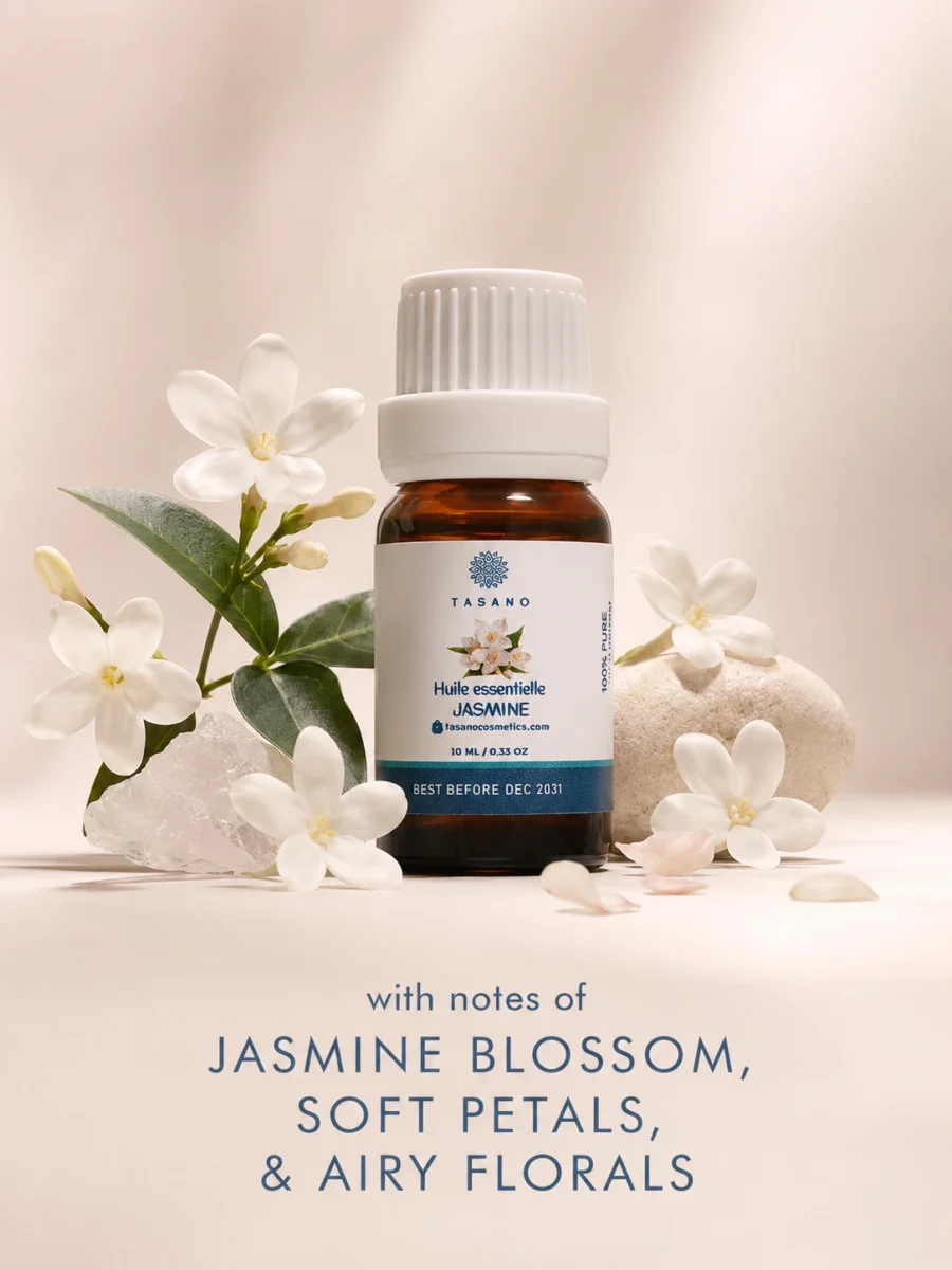TASANO jasmine essential oil bottle surrounded by jasmine flowers in a delicate floral scent profile.
