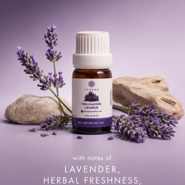 TASANO lavender essential oil bottle surrounded by lavender flowers in a relaxing aromatic scent profile. TASANO lavender essential oil bottle surrounded by lavender flowers in a relaxing aromatic scent profile.