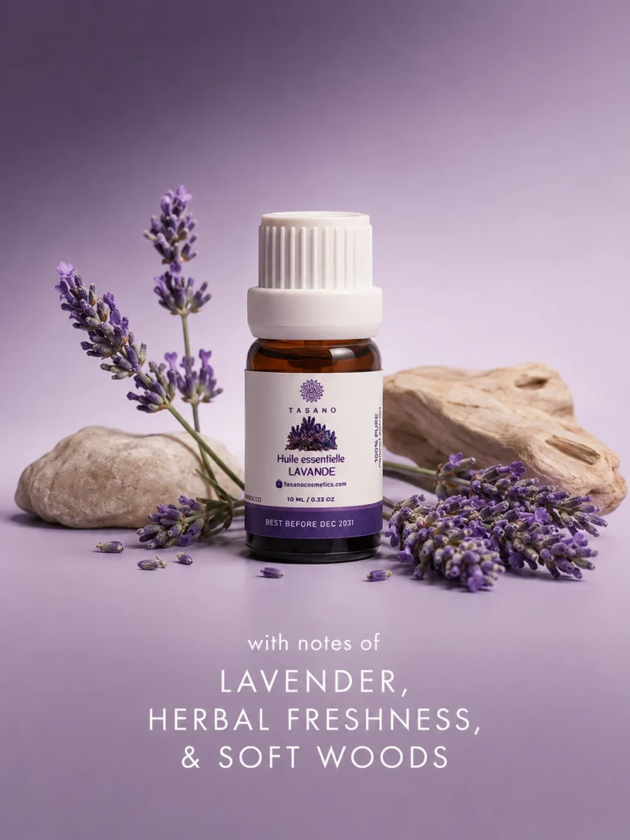TASANO lavender essential oil bottle surrounded by lavender flowers in a relaxing aromatic scent profile.