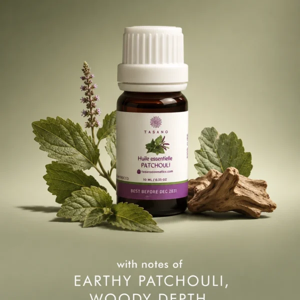 TASANO Patchouli essential oil bottle surrounded by patchouli leaves and warm botanical elements showing its deep earthy, woody and aromatic scent profile. TASANO Patchouli essential oil bottle surrounded by patchouli leaves and warm botanical elements showing its deep earthy, woody and aromatic scent profile.