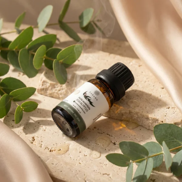 TASANO Eucalyptus Essential Oil styled with fresh eucalyptus leaves, pale oil drops, silk texture, and natural sunlight.