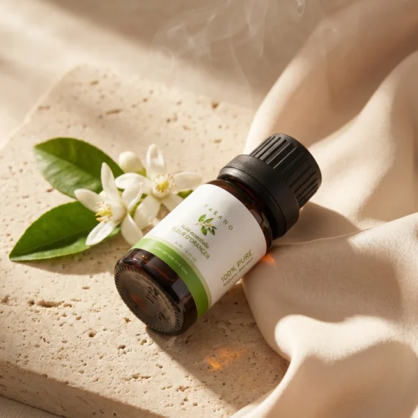 TASANO Orange Blossom Essential Oil styled with fresh orange blossoms, golden oil drops, silk fabric, and beige stone. TASANO Orange Blossom Essential Oil styled with fresh orange blossoms, golden oil drops, silk fabric, and beige stone.