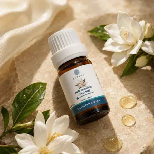 TASANO Jasmine Essential Oil styled with fresh jasmine flowers, yellow oil drops, silk fabric, and natural sunlight. TASANO Jasmine Essential Oil styled with fresh jasmine flowers, yellow oil drops, silk fabric, and natural sunlight.