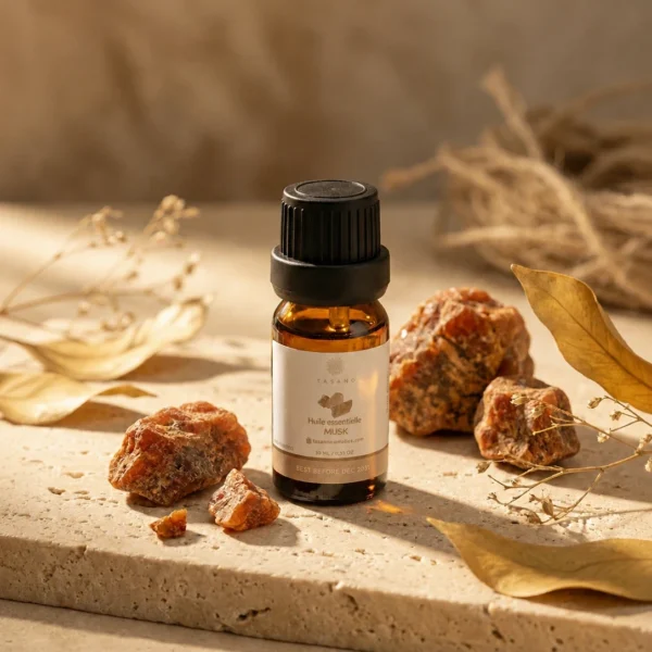 TASANO Musk Essential Oil styled with raw musk stones, deep amber oil drops, silk fabric, and warm sunlight.