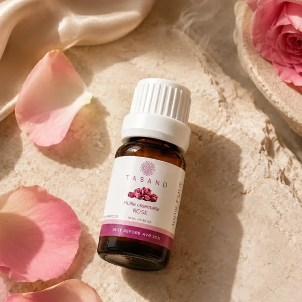TASANO Rose Essential Oil styled with fresh rose petals, silk fabric, subtle vapour, and natural sunlight on beige stone.