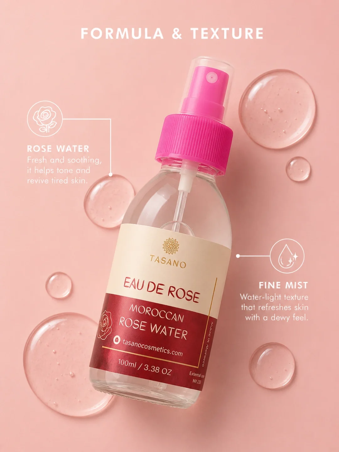 TASANO Moroccan Rose Water formula with lightweight toner texture and fine refreshing mist