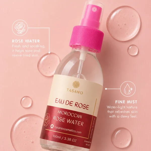 TASANO Moroccan Rose Water formula with lightweight toner texture and fine refreshing mist